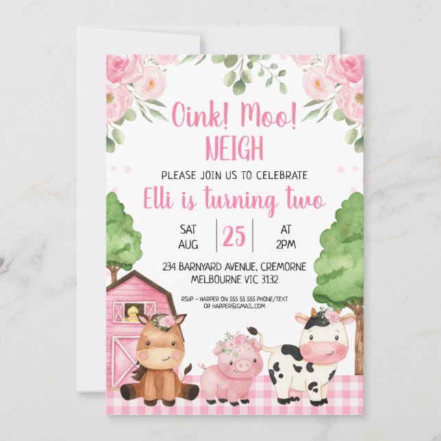 Pink Barn Floral Farm Oink Baa Neigh Birthday Invitation (Front)