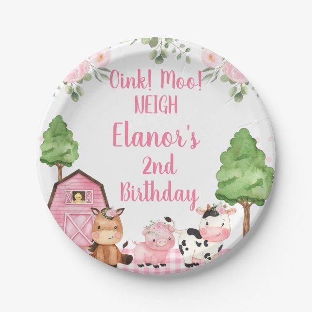 Pink Barn Floral Farm Oink Baa Neigh Birthday Paper Plate (Front)