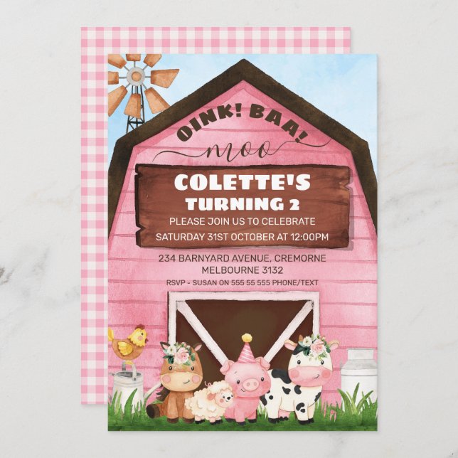 Pink Barn Oink Baa Moo Farm Animals Birthday Invitation (Front/Back)