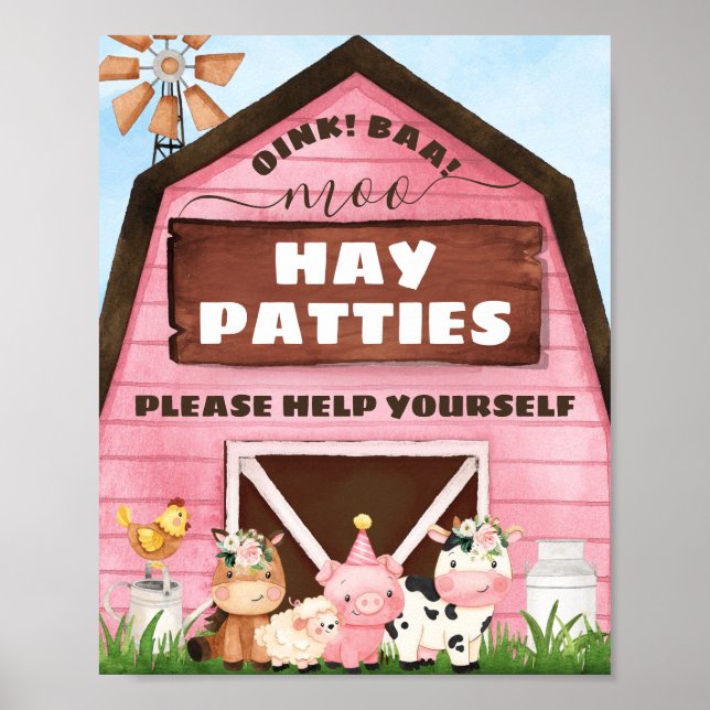 Pink Barn Oink Baa Moo Farm Animals Birthday Party Poster (Front)