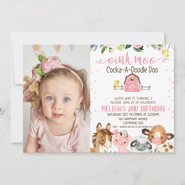 Pink Barn Photo Floral Farm Animal Birthday Invitation (Front)