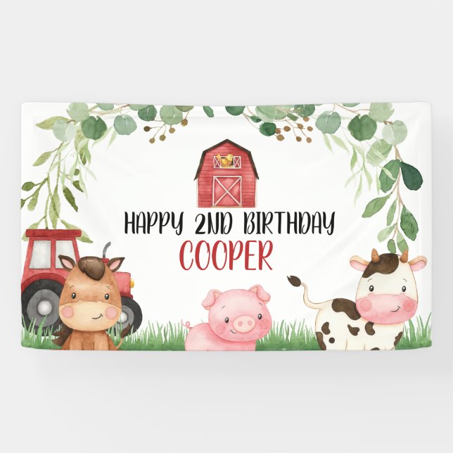 Pink Barn Tractor Farm Birthday Party Banner (Horizontal)