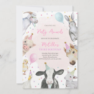 Pink Barnyard Birthday Girl Farm Animal Invitation