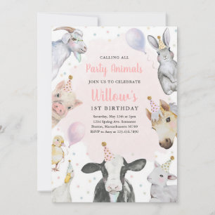 Pink Barnyard Birthday Girl Farm Animals Invitation