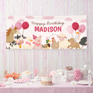 Pink Barnyard Farm Animal Birthday Party Banner