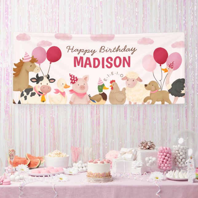 Pink Barnyard Farm Animal Birthday Party Banner (Party)