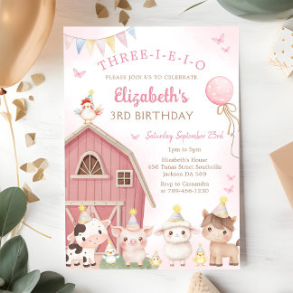 Pink Barnyard Farm Animal Three-i-e-i-o Birthday Invitation