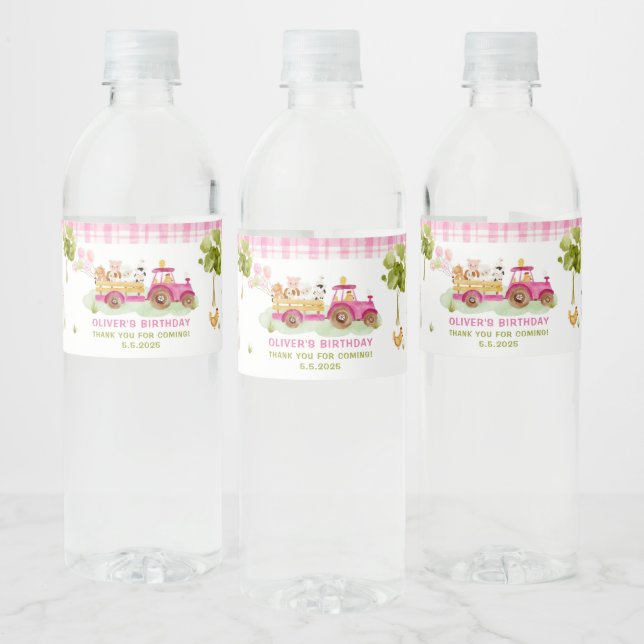 Pink barnyard Farm animals birthday party Water Bottle Label (Bottles)