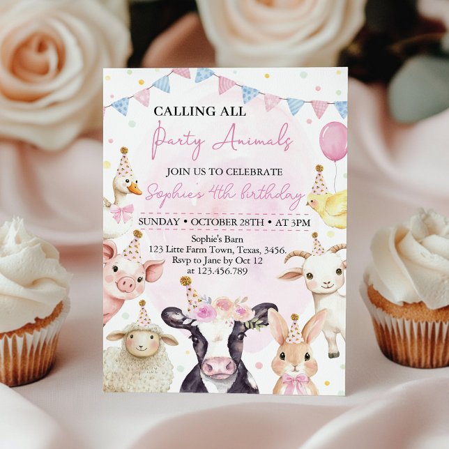Pink Barnyard Farm Animals Girl Birthday Invitation (Creator Uploaded)
