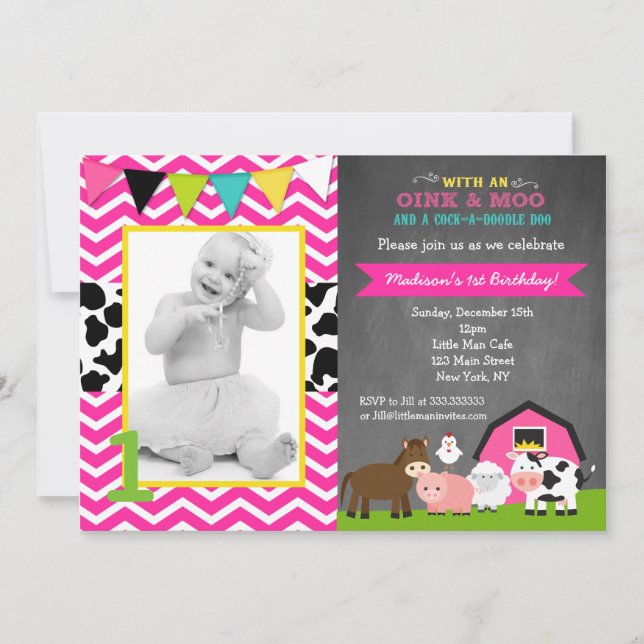 Pink Barnyard Farm Birthday Invitations (Front)