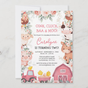 Pink Barnyard Girl Farm Animals Birthday Invitation