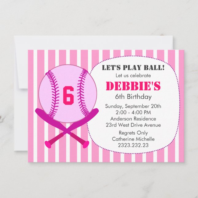 Pink Baseball Kid's Birthday Party for Girls Invitation (Front)
