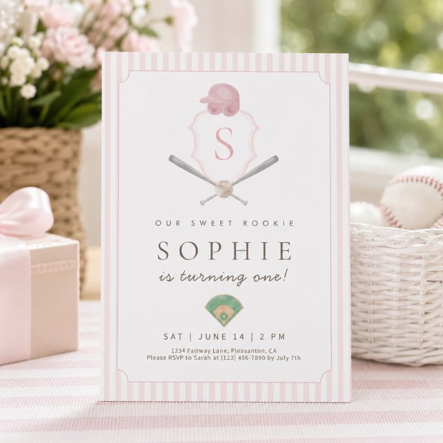 Pink Baseball Preppy Crest First Birthday invite (Creator Uploaded)