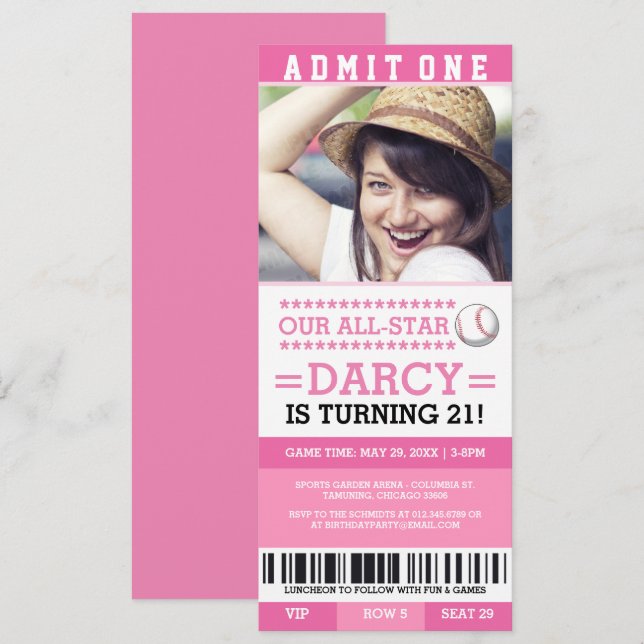 Pink Baseball Ticket Birthday Invites (Front/Back)