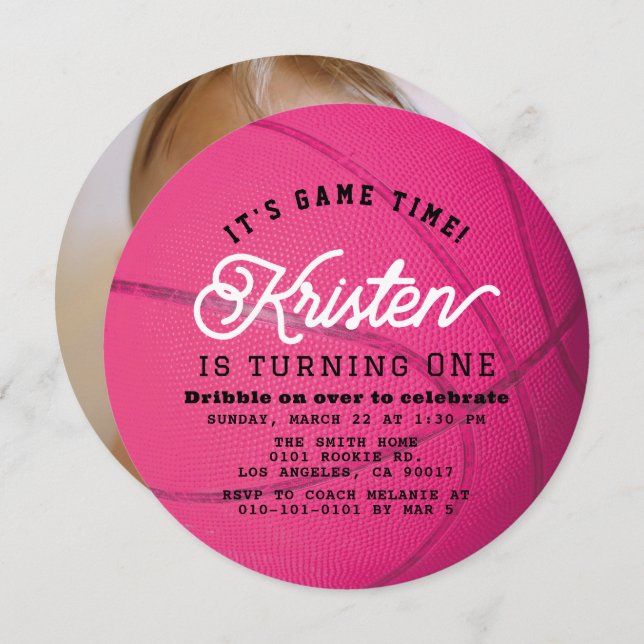 Pink Basketball Girl Photo 1st Birthday Circle Invitation (Front/Back)