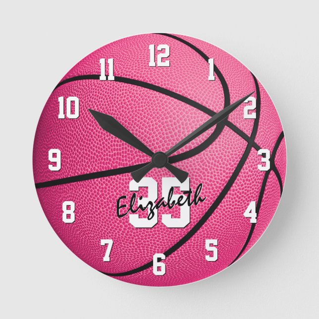 Pink basketball girls room decor personalised round clock (Front)