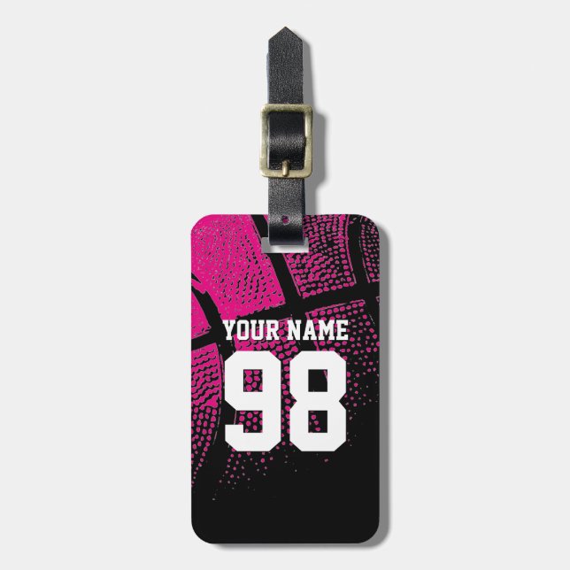 Pink basketball luggage tag with jersey number (Front Vertical)