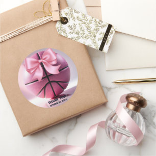 Pink Basketball Ribbon Bow Ball Baby Shower Invita Classic Round Sticker