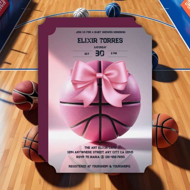 Pink Basketball Ribbon Bow Ball Baby Shower Invitation (Creator Uploaded)