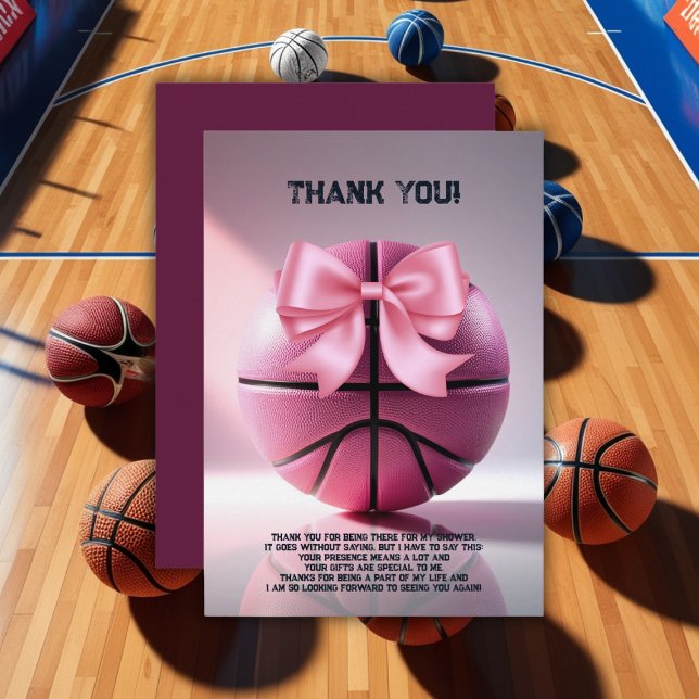 Pink Basketball Ribbon Bow Ball Baby Shower  Thank You Card (Creator Uploaded)