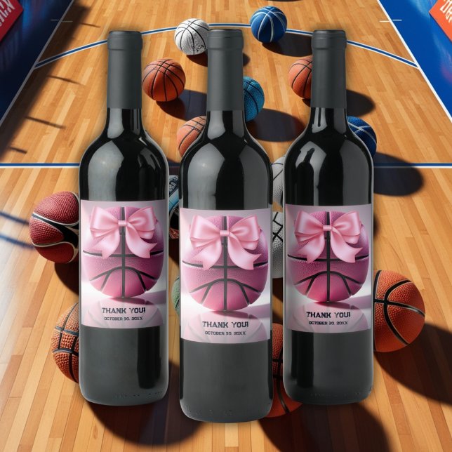 Pink Basketball Ribbon Bow Ball Baby Shower Wine Label (Creator Uploaded)