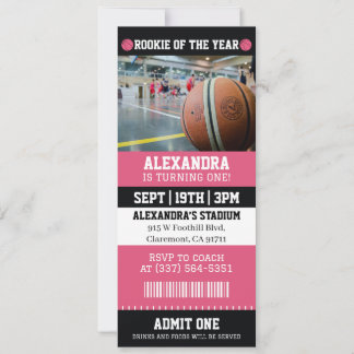 Pink Basketball Ticket 1st Birthday Party Invitation