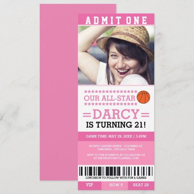 Pink Basketball Ticket Birthday Invites (Front/Back)