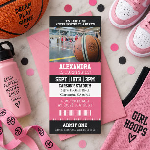 Pink Basketball Ticket Birthday Party Invitation