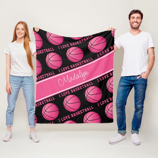 pink basketballs w I love basketball text pattern Fleece Blanket (In Situ)