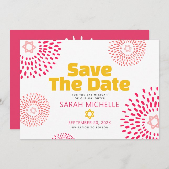 Pink Bat Mitzvah Bold Starburst Cool Modern Groovy Save The Date (Front/Back)