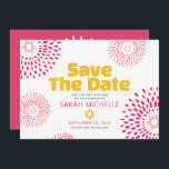 Pink Bat Mitzvah Bold Starburst Cool Modern Groovy Save The Date<br><div class="desc">Make sure all your friends and relatives will be able to celebrate your daughter’s milestone Bat Mitzvah! Send out this fun, boho retro, personalised “Save the Date” announcement card. Retro hot pink and coral flower starbursts with Stars of David, as well as bold modern yellow hot pink and dark grey...</div>