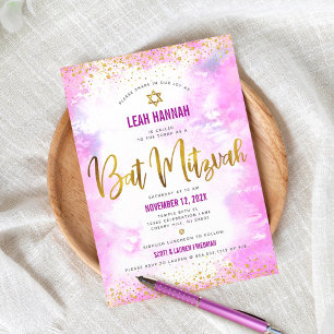 Pink Bat Mitzvah Gold Foil Watercolor Modern Invitation
