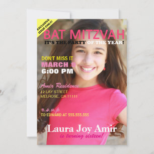 Pink Bat Mitzvah Magazine Cover Party Invitation