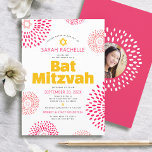 Pink Bat Mitzvah Photo Bold Cool Starburst Groovy Invitation<br><div class="desc">Be proud, rejoice and showcase this milestone of your favourite Bat Mitzvah with this fun, trendy, groovy, personalised invitation! Retro hot pink and coral flower starbursts with Stars of David, as well as bold modern yellow hot pink and dark grey sans serif typography, overlay a clean white background. On the...</div>