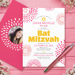 Pink Bat Mitzvah Photo Bold Starburst Cool Groovy Invitation<br><div class="desc">Be proud, rejoice and showcase this milestone of your favourite Bat Mitzvah with this fun, trendy, groovy, personalised invitation! Retro hot pink and coral flower starbursts with Stars of David, as well as bold modern yellow hot pink and dark grey sans serif typography, overlay a clean white background. On the...</div>