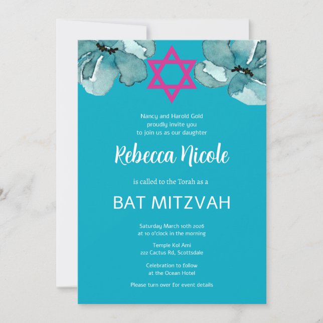 Pink Bat Mitzvah QR Code Invitation (Front)