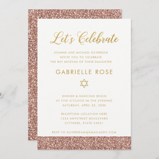 Pink Bat Mitzvah Rose Gold Glitter Reception Party Invitation (Front/Back)