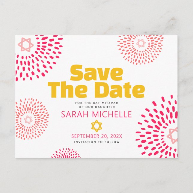 Pink Bat Mitzvah Save the Date Modern Starburst Invitation Postcard (Front)