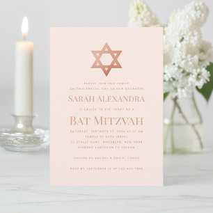 Pink Bat Mitzvah Simple  Rose Gold Star of David  Invitation