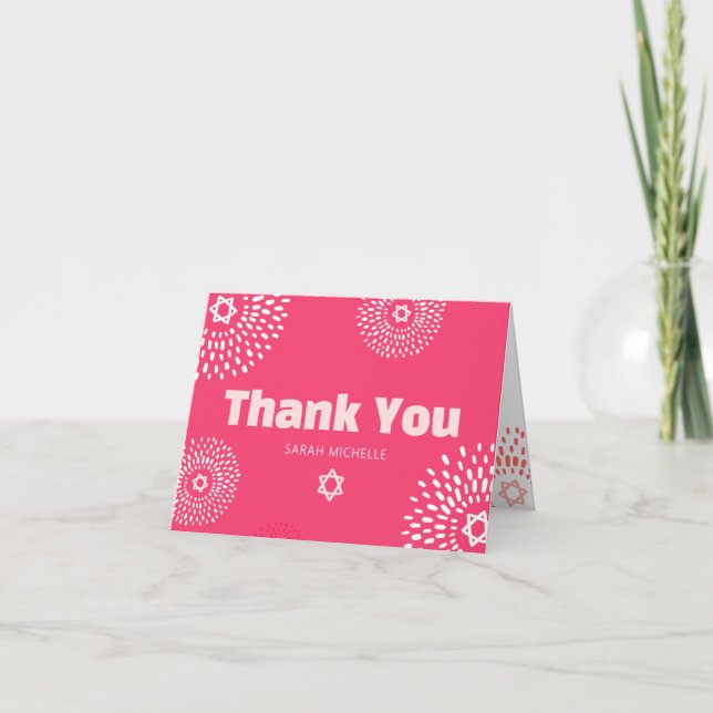 Pink Bat Mitzvah Starburst Bold Type Cool Groovy Thank You Card (Front)