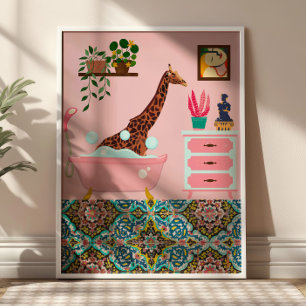 Pink Bathing Giraffe Wall Art Print