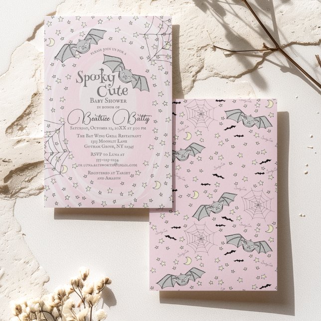 Pink Bats Spooky Cute Baby Shower Invitation (Baby bats flying among stars, moons and webs against a pink watercolor background. Back: Baby Bats)