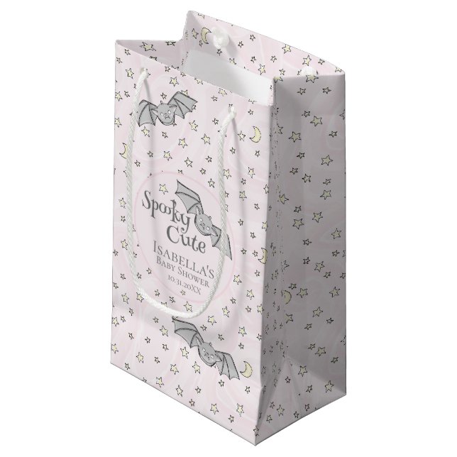 Pink Bats Spooky Cute Baby Shower Small Gift Bag (Front Angled)