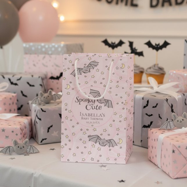 Pink Bats Spooky Cute Baby Shower Small Gift Bag (Pink Spooky Cute Bats Girl Baby Shower Gift Bags. Bats, Stars, Moons Pink Watercolor Pattern for Her)