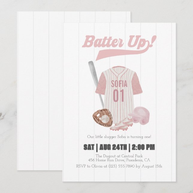 Pink Batter Up Baseball First Birthday Invitation (Front/Back)