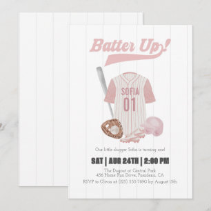 Pink Batter Up Baseball First Birthday Invitation