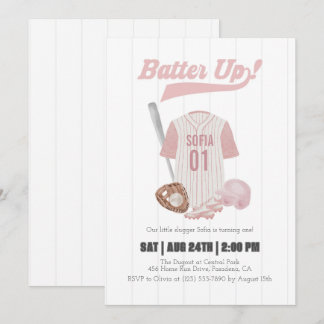 Pink Batter Up Baseball First Birthday Invitation