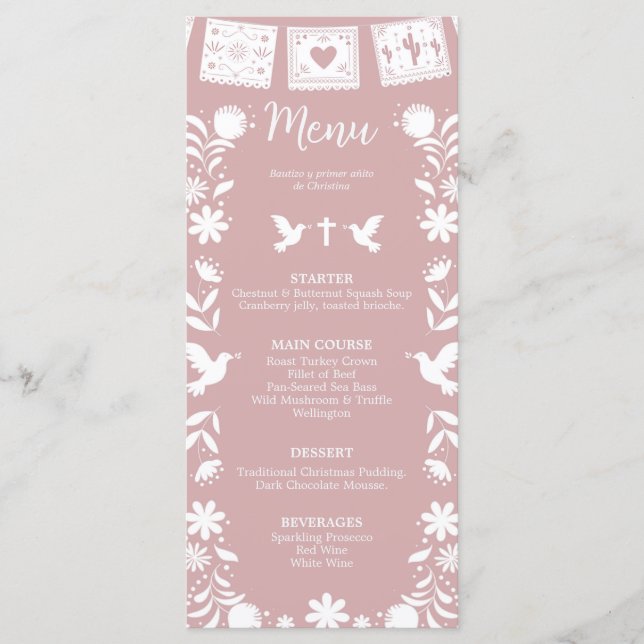 Pink Bautizo Cielito Lindo Menu Card (Front)