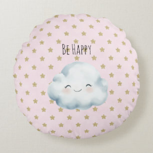 Pink Be Happy Cloud Gold Stars Round Cushion