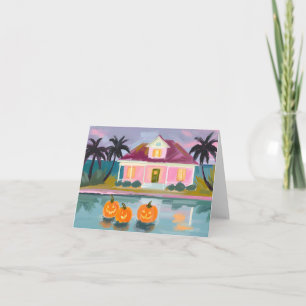 Pink Beach Cottage at Halloween Card